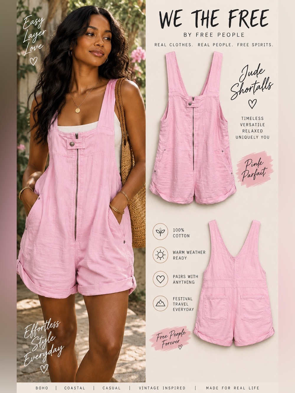 Free People We The Free Jude Shortalls Pink Parfait Cotton Romper M